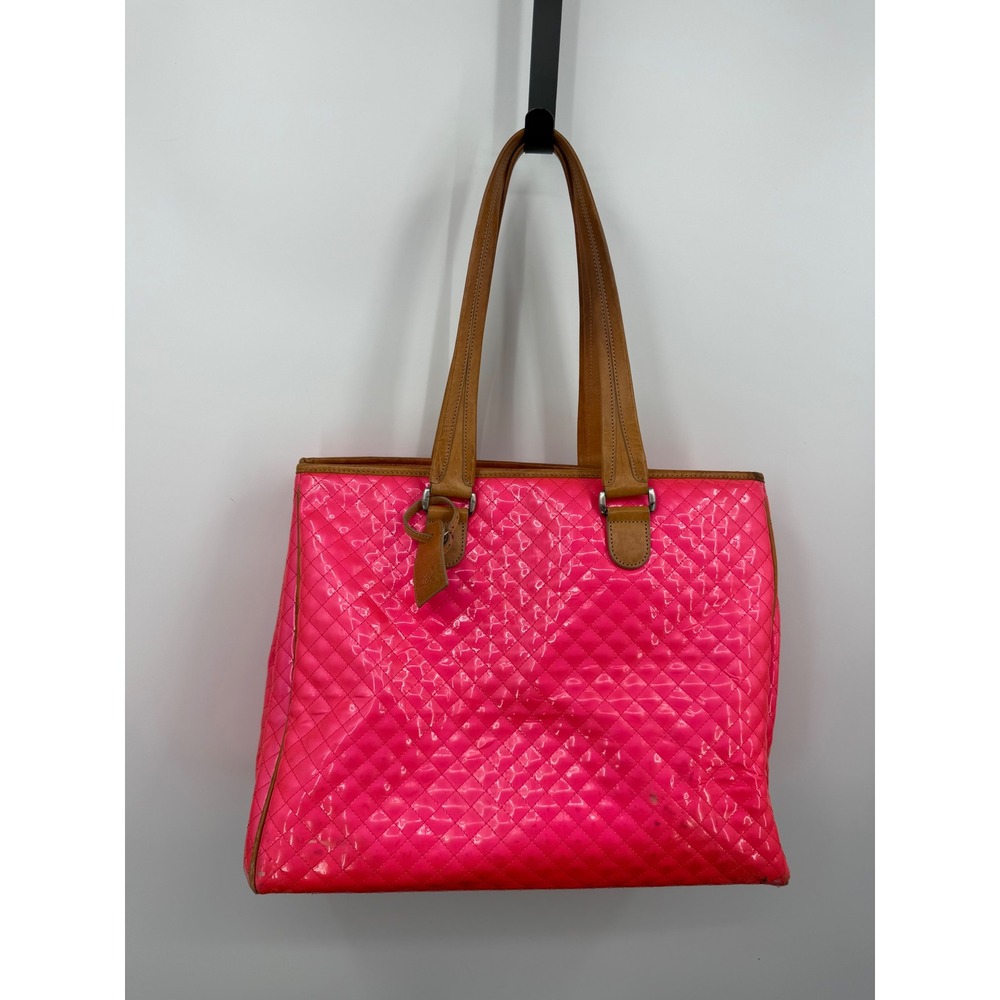 Consuela Quilted Patent grange Tote Bag Neon Pink scream candy crush Tan Leather